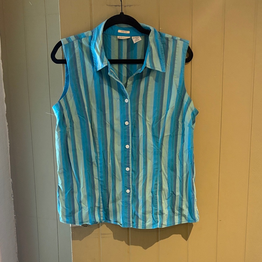 Vintage St. John's Bay Sleeveless Striped Blue Collared Button-Down